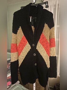 Free People Rocket High Boyfriend Cardigan in Black, coral & tan